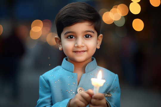 Cute Indian child celebrating Diwali festival by burning firecrackers.