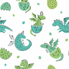 Vector pattern from a collection of various dragons and dinosaurs and dragon eggs, hand-drawn in the style of doodles