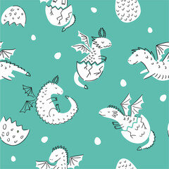 Vector pattern from a collection of various dragons and dinosaurs and dragon eggs, hand-drawn in the style of doodles