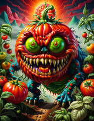 Psychedelic art a tomato monster in a field abstract and surrealistic. generative ai