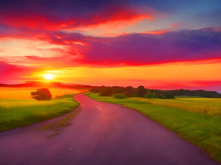 Country road with a beautiful sunset view landscape photography
