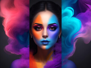 A Beautiful Woman With A Colorful Smoke Effect.  Generative Ai