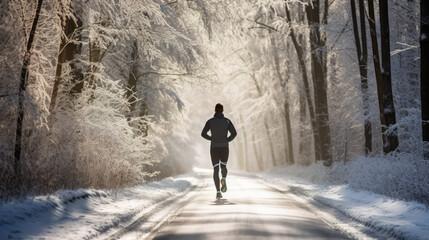 Man running in the forest in winter time
