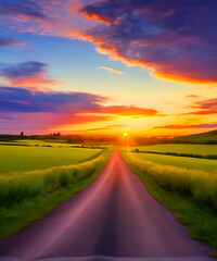 Country road with a beautiful sunset view landscape photography