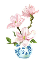 Sweet pink Magnolia flowers in a white blue color container.