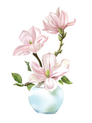 Sweet pink Magnolia flowers in a white blue color container.