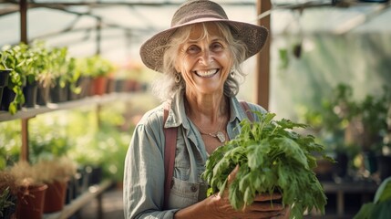 Happy senior gardener woman and man holding plant in greenhouse at garden. - obrazy, fototapety, plakaty