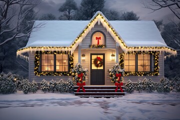 Traditional houses decorated with christmas garlands and lights at evening.