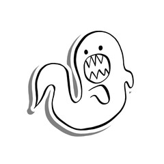 Vector illustration of Halloween Long Ghost Bare Teeth. Cartoon line on white silhouette and Gray shadow.