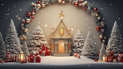 Fototapeta premium Festive holiday miniature house decorations surround a snowy Christmas tree and presents wallpaper. Generative AI