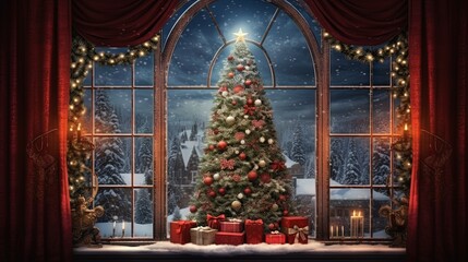 Christmas background with Illuminated Christmas Tree Seen Through Window with red curtain on the sides, Generative AI