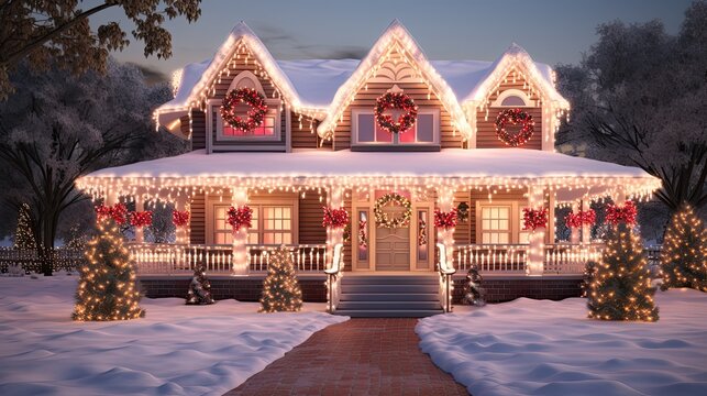 Traditional houses decorated with christmas garlands and lights at evening.