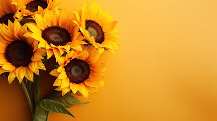 A bouquet of yellow sunflowers on yellow background