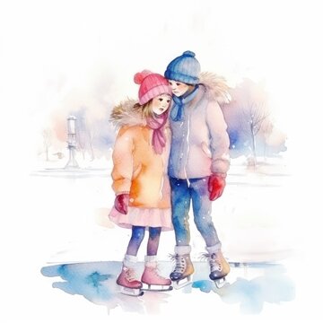 Children skating on ice, winter outdoor games, festive christmas card, art illustration painted with watercolors., generative ai