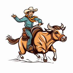 Cowboy riding a bull. Rodeo. Cowboy riding a bull hand-drawn comic illustration. Vector doodle style cartoon illustration