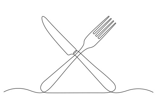 Continuous One Line Drawing Of Fork And Spoon. Isolated On White Background Vector Illustration. Pro Vector.