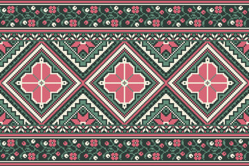 flower embroidery on green background. ikat and cross stitch geometric seamless pattern ethnic oriental traditional. Aztec style illustration design for carpet, wallpaper, clothing, wrapping, batik.