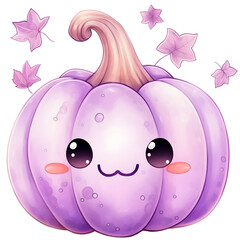 Kawaii purple halloween pumpkin watercolor design with transparent background, PNG illustration