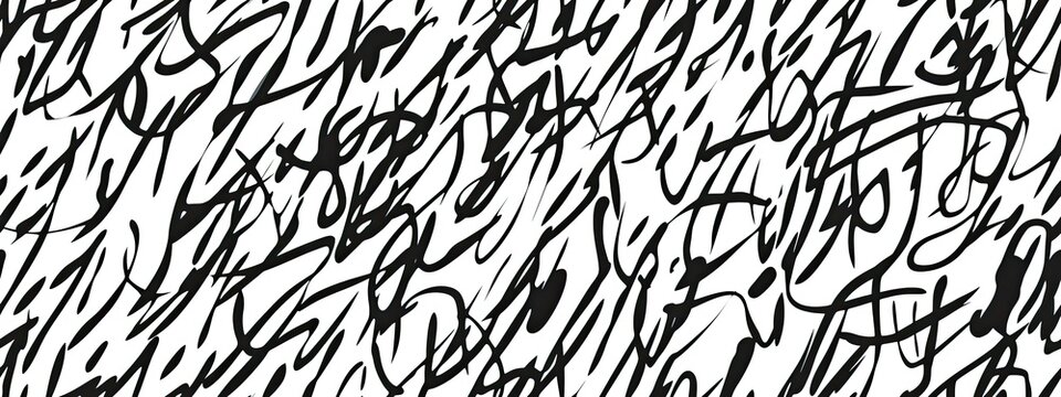 Seamless abstract chaotic ink pen, marker scribble background texture. Trendy childish squiggly doodle drawing line art backdrop. Bold black pattern