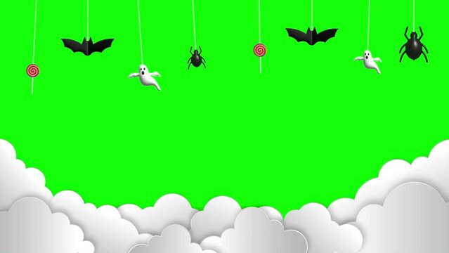 Happy Halloween in green screen with clouds, bats and ghost in paper cut style. 4K animation 