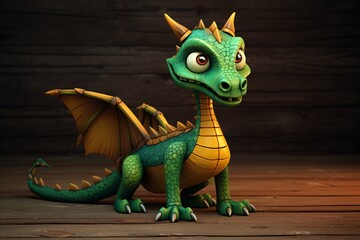 Obraz premium Funny green dragon on wooden background. 3d render illustration.
