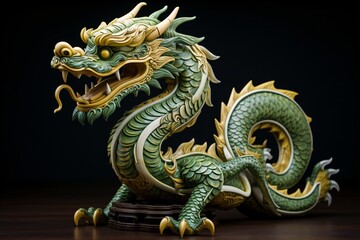 Obraz premium Sragon. Green wooden dragon. Dragon head made of wood. Chinese dragon