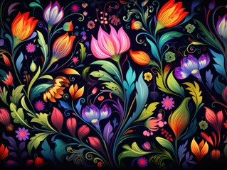 Fototapeta na wymiar Floral Background, cartoon colorful nature pattern