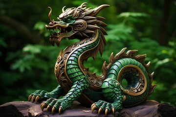 Sragon. Green wooden dragon. Dragon head made of wood. Chinese dragon