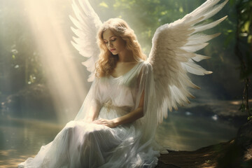 Ethereal and heavenly guardian angel watching over a peaceful scene - obrazy, fototapety, plakaty