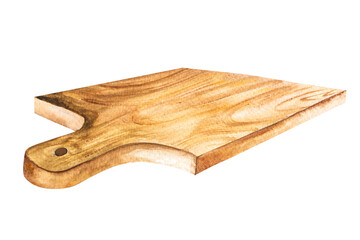 Watercolor illustration of wooden kitchen cutting board for food. Hand drawing