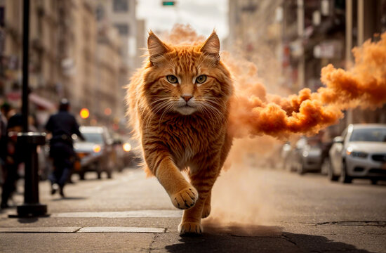 A orange smoke  super cat running extremely fast on   Feture bcity street, Generative AI Illustrationplosion