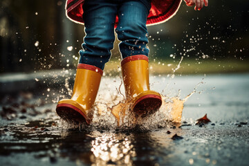 Child in rubber boots jumping over puddle in rain