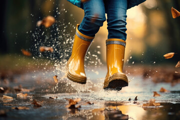 Child in rubber boots jumping over puddle in rain
