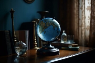 A miniature globe in the room with harmonious arrangements, connecting dreams, reality, travel, and knowledge. Generative AI