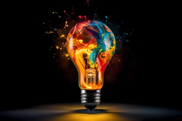 Foto op Plexiglas Creative light bulb explodes with colorful paint and splashes on a black background. Think differently creative idea concept © Sonya