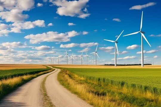Wind turbines in rural landscape with green field, blue sky, clouds. Renewable energy concept. Generative AI