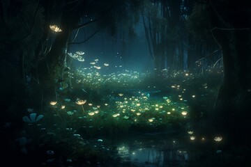 Enchanting scene with glowing plants and fireflies. Generative AI