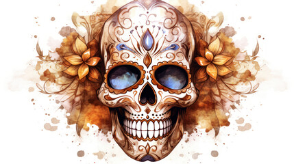 Watercolor painting in shades of brown of a sugar skull or Mexican catrina. Day of the Dead
