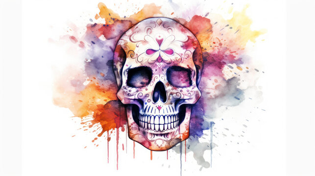 Watercolor painting in shades of white of a sugar skull or Mexican catrina. Day of the Dead