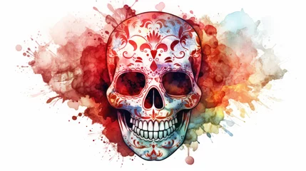 Cercles muraux Crâne aquarelle Watercolor painting in shades of red of a sugar skull or Mexican catrina. Day of the Dead