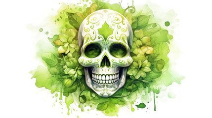 Watercolor painting in shades of lime of a sugar skull or Mexican catrina. Day of the Dead