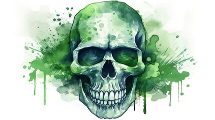 Watercolor painting in shades of green of a sugar skull or Mexican catrina. Day of the Dead