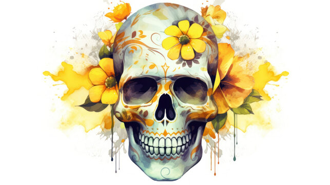Watercolor painting in shades of yellow of a sugar skull or Mexican catrina. Day of the Dead