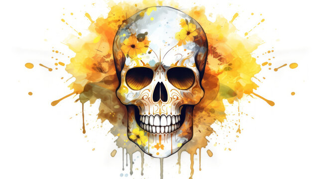 Watercolor painting in shades of yellow of a sugar skull or Mexican catrina. Day of the Dead