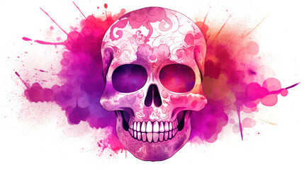 Watercolor painting in shades of magenta of a sugar skull or Mexican catrina. Day of the Dead