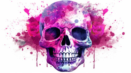 Watercolor painting in shades of magenta of a sugar skull or Mexican catrina. Day of the Dead