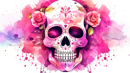 Watercolor painting in shades of pink of a sugar skull or Mexican catrina. Day of the Dead