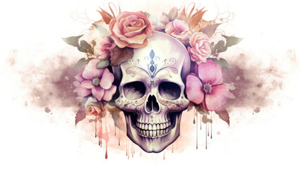 Watercolor painting in shades of blush of a sugar skull or Mexican catrina. Day of the Dead