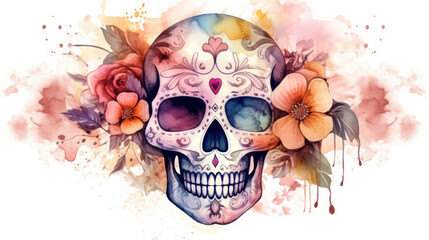 Watercolor painting in shades of blush of a sugar skull or Mexican catrina. Day of the Dead