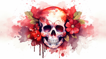 Watercolor painting in shades of scarlet of a sugar skull or Mexican catrina. Day of the Dead - obrazy, fototapety, plakaty